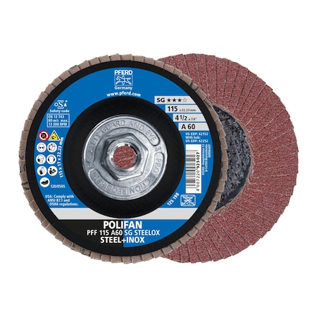 Pferd 4-1/2" x 5/8-11 Thd. POLIFAN Flap Disc - A SG STEELOX, Aluminum oxide, 60 Grit, Flat 62252